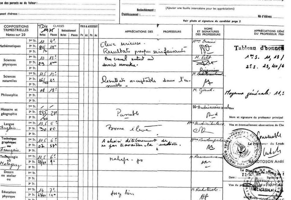 Bulletins de notes d’un ancien du bahut en 1ère D1(1974) et TD4 (1975)